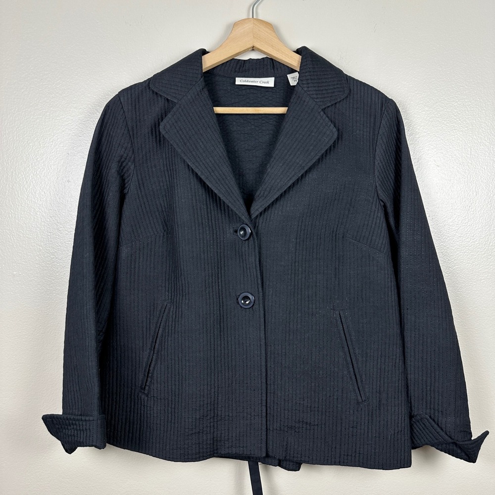 Coldwater Creek Women's‎ P8 Quilted Jacket Black Cotton Silk Blend Tie Back